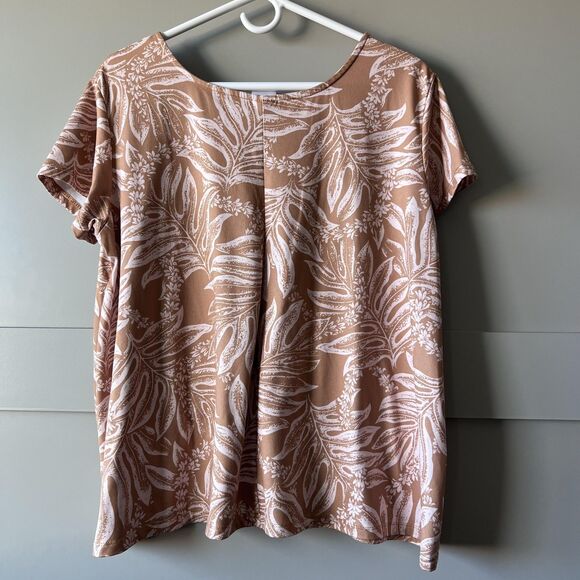Hula Bay Shirt Womens XL Tan White Tropical Leaf Print Short Sleeve Monsterra - Picture 2 of 10